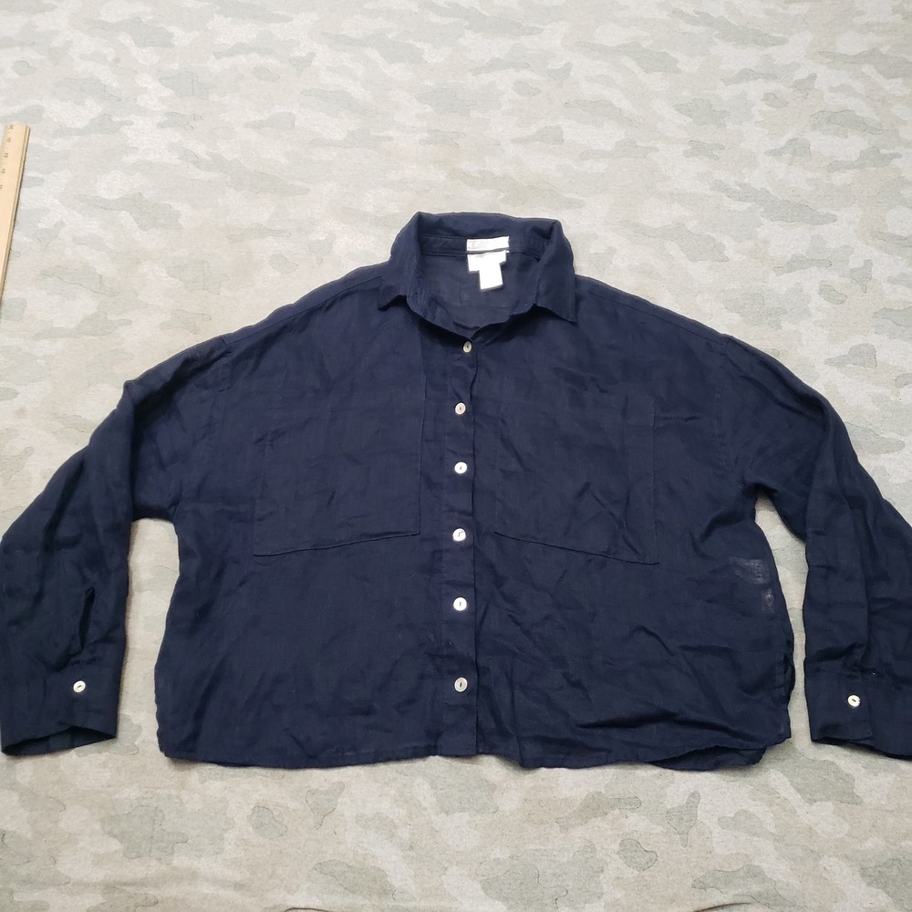 Cynthia Rowley Top Womens Medium Blue Linen Long Sleeve Button Up